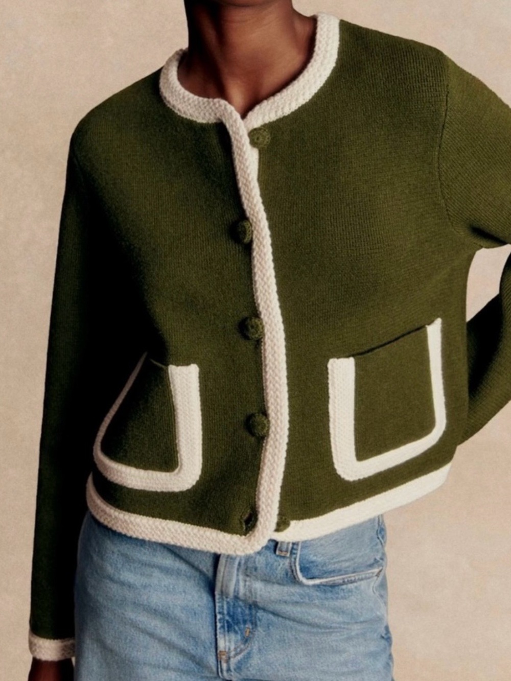 Sezane BNWT green an ecru Auguste cardigan - size L